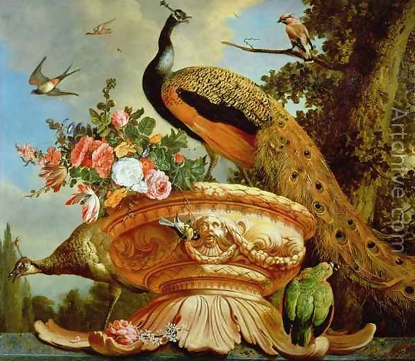 An oil painting of birds in a classical landscape 